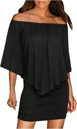 HGps8w Women Off Shoulder Ruffles Bodycon Mini Dress Elegant Flowy Cape Ruched Formal Business Cocktail Party Dresses