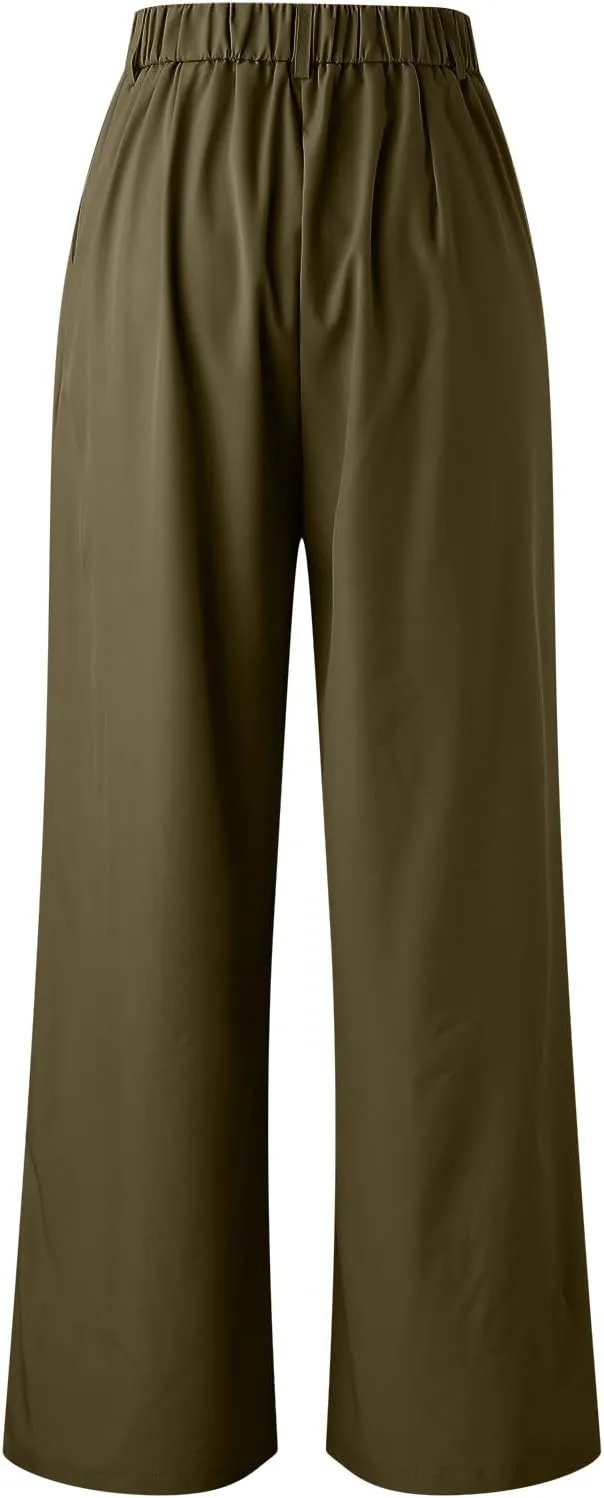 High Waisted Pants for Women Elastic Waist Lounge Trousers with Pockets Comfort Loose Fit Casual Palazzo Pants