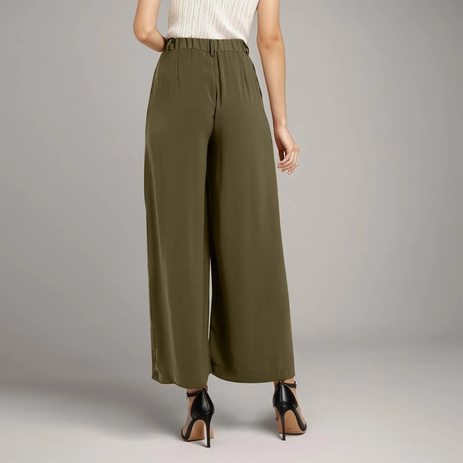 High Waisted Pants for Women Elastic Waist Lounge Trousers with Pockets Comfort Loose Fit Casual Palazzo Pants