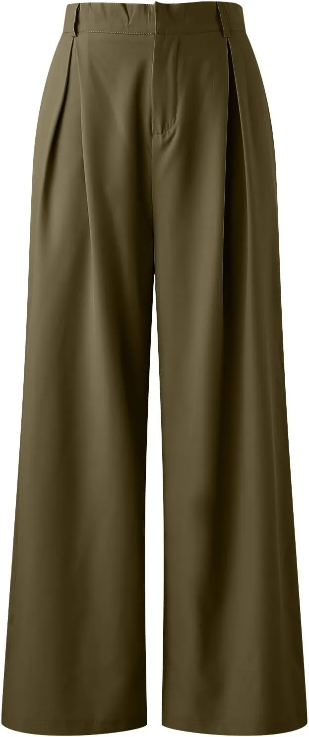 High Waisted Pants for Women Elastic Waist Lounge Trousers with Pockets Comfort Loose Fit Casual Palazzo Pants