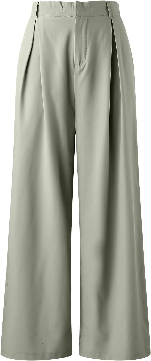 High Waisted Pants for Women Elastic Waist Lounge Trousers with Pockets Comfort Loose Fit Casual Palazzo Pants