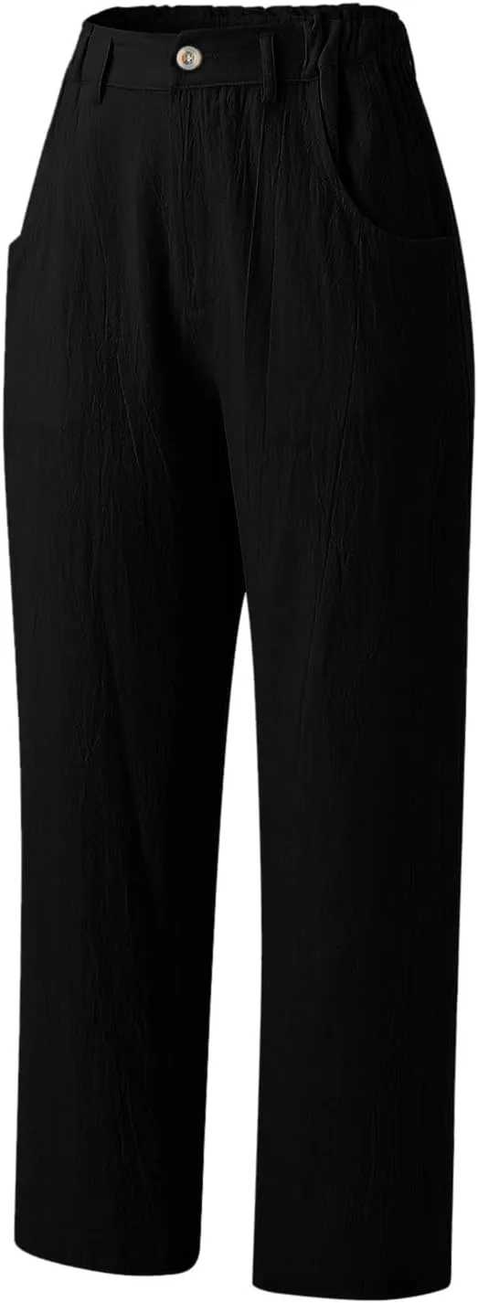 High Waisted Wide Leg Pants for Women Straight Leg Palazzo Pants Button Waist Cropped Jogger Trousers with Pockets