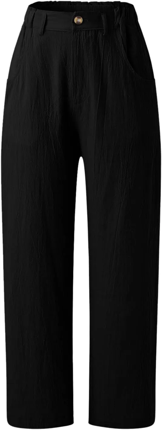 High Waisted Wide Leg Pants for Women Straight Leg Palazzo Pants Button Waist Cropped Jogger Trousers with Pockets