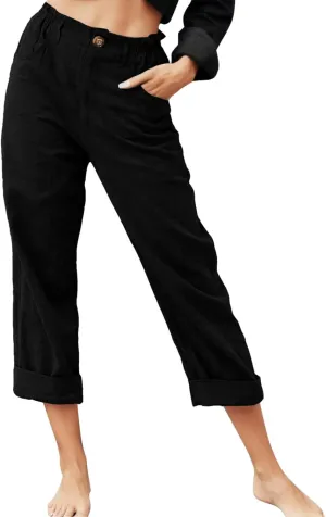 High Waisted Wide Leg Pants for Women Straight Leg Palazzo Pants Button Waist Cropped Jogger Trousers with Pockets