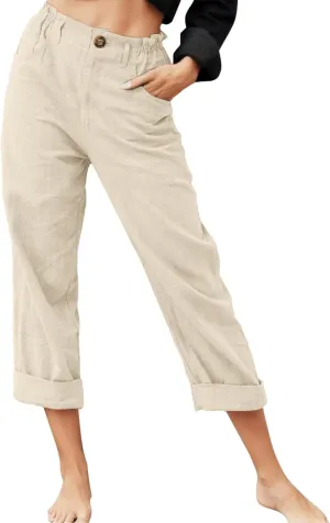 High Waisted Wide Leg Pants for Women Straight Leg Palazzo Pants Button Waist Cropped Jogger Trousers with Pockets