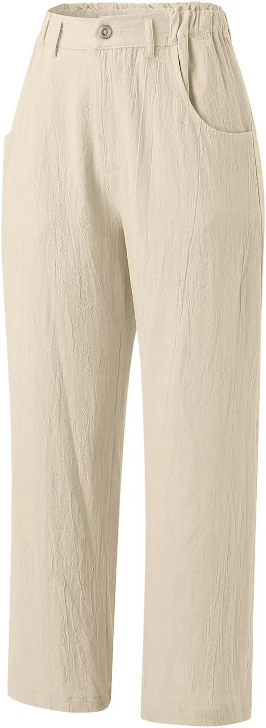 High Waisted Wide Leg Pants for Women Straight Leg Palazzo Pants Button Waist Cropped Jogger Trousers with Pockets