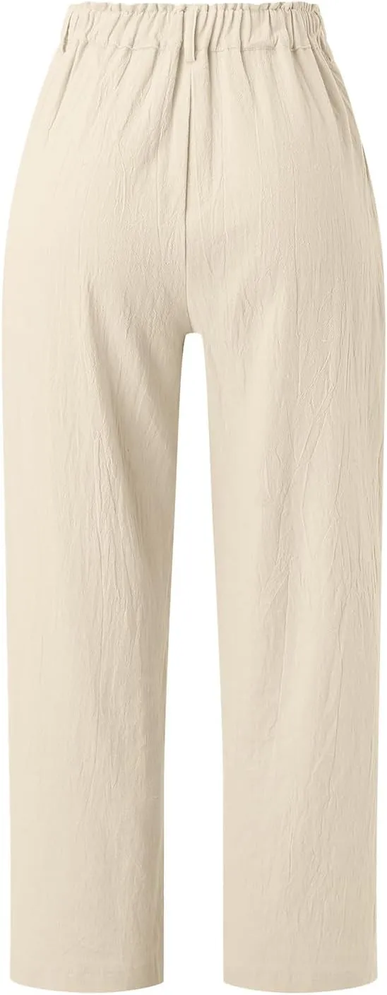 High Waisted Wide Leg Pants for Women Straight Leg Palazzo Pants Button Waist Cropped Jogger Trousers with Pockets