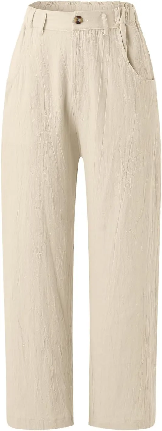 High Waisted Wide Leg Pants for Women Straight Leg Palazzo Pants Button Waist Cropped Jogger Trousers with Pockets