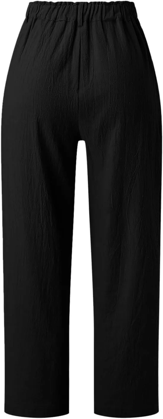 High Waisted Wide Leg Pants for Women Straight Leg Palazzo Pants Button Waist Cropped Jogger Trousers with Pockets