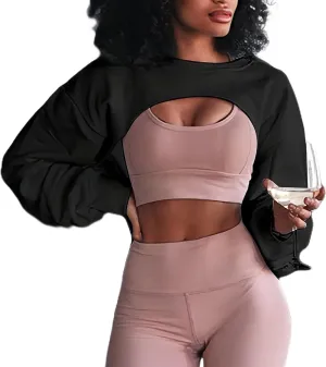 Hilinker Women's Crewneck Long Sleeve Crop Top Casual Loose Cropped Sweatshirt Workout