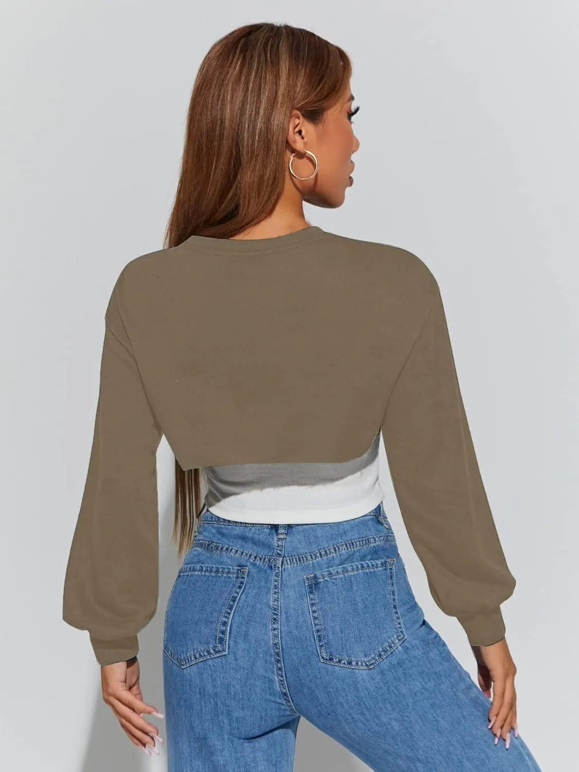 Hilinker Women's Crewneck Long Sleeve Crop Top Casual Loose Cropped Sweatshirt Workout