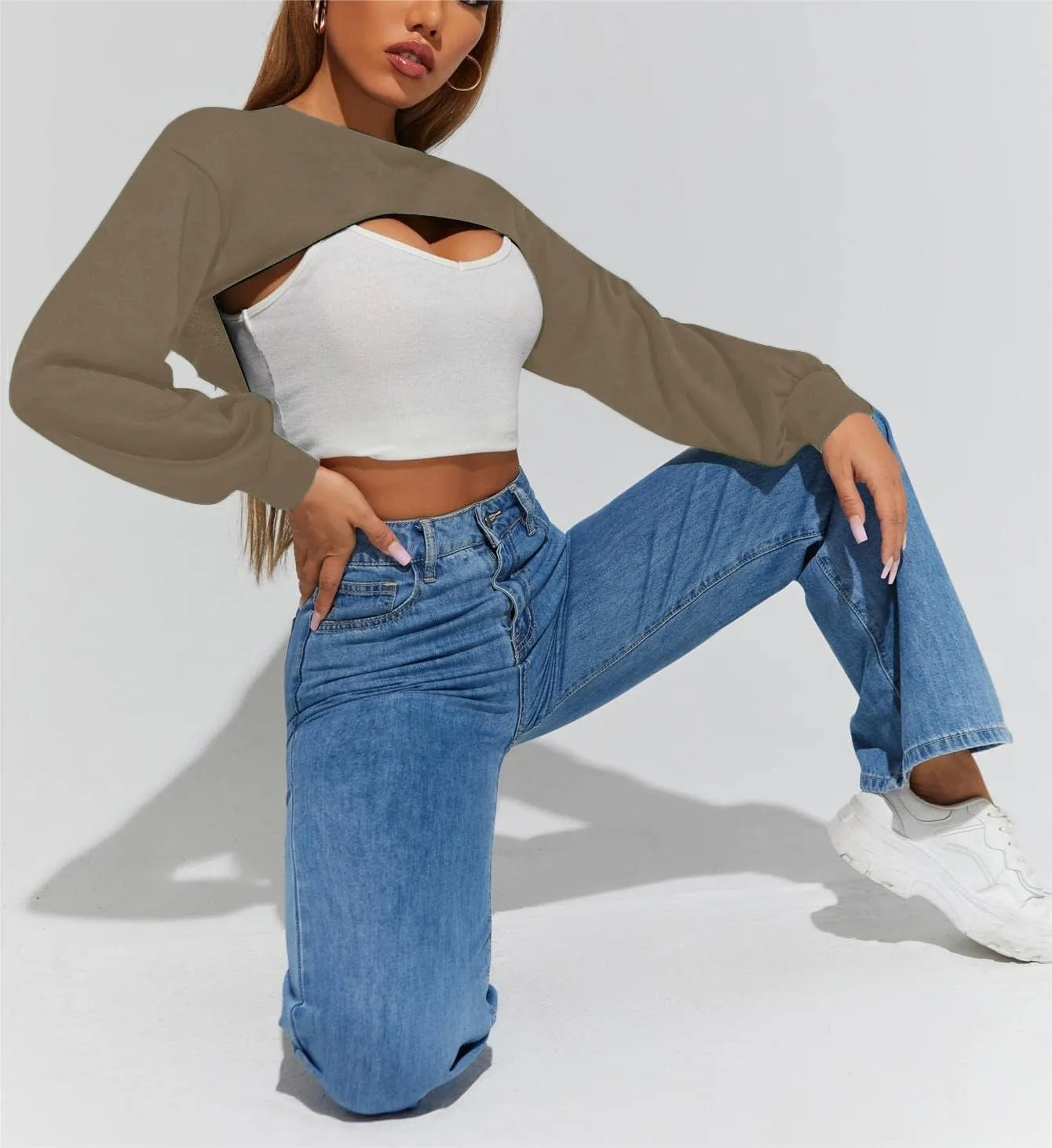 Hilinker Women's Crewneck Long Sleeve Crop Top Casual Loose Cropped Sweatshirt Workout