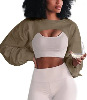 Hilinker Women's Crewneck Long Sleeve Crop Top Casual Loose Cropped Sweatshirt Workout