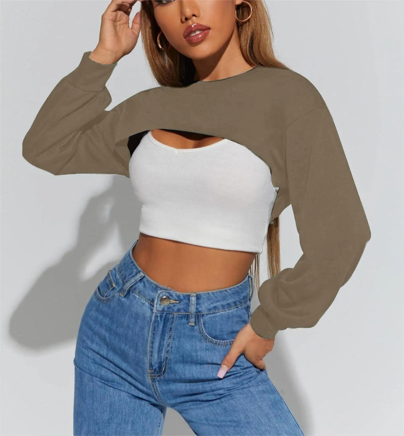Hilinker Women's Crewneck Long Sleeve Crop Top Casual Loose Cropped Sweatshirt Workout