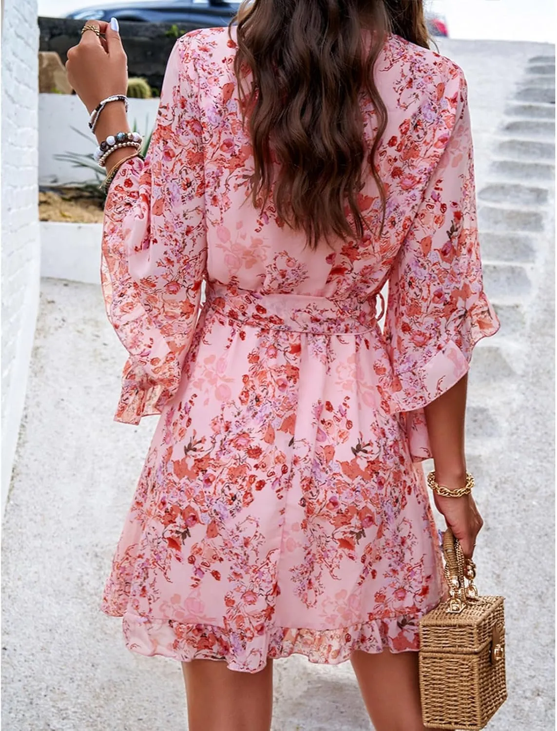HOTYD Womens Flowy Floral Mini Dress Ruffle 3/4 Sleeve V Neck Tie Waist Chiffon A-line Dress Summer Sundress for Women