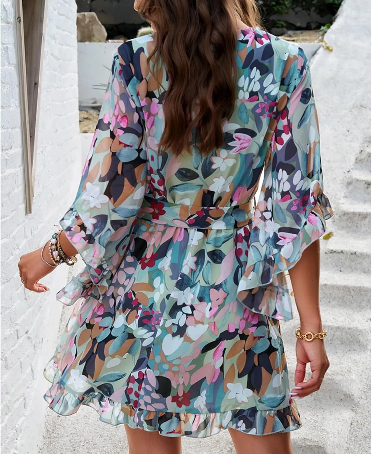 HOTYD Womens Flowy Floral Mini Dress Ruffle 3/4 Sleeve V Neck Tie Waist Chiffon A-line Dress Summer Sundress for Women