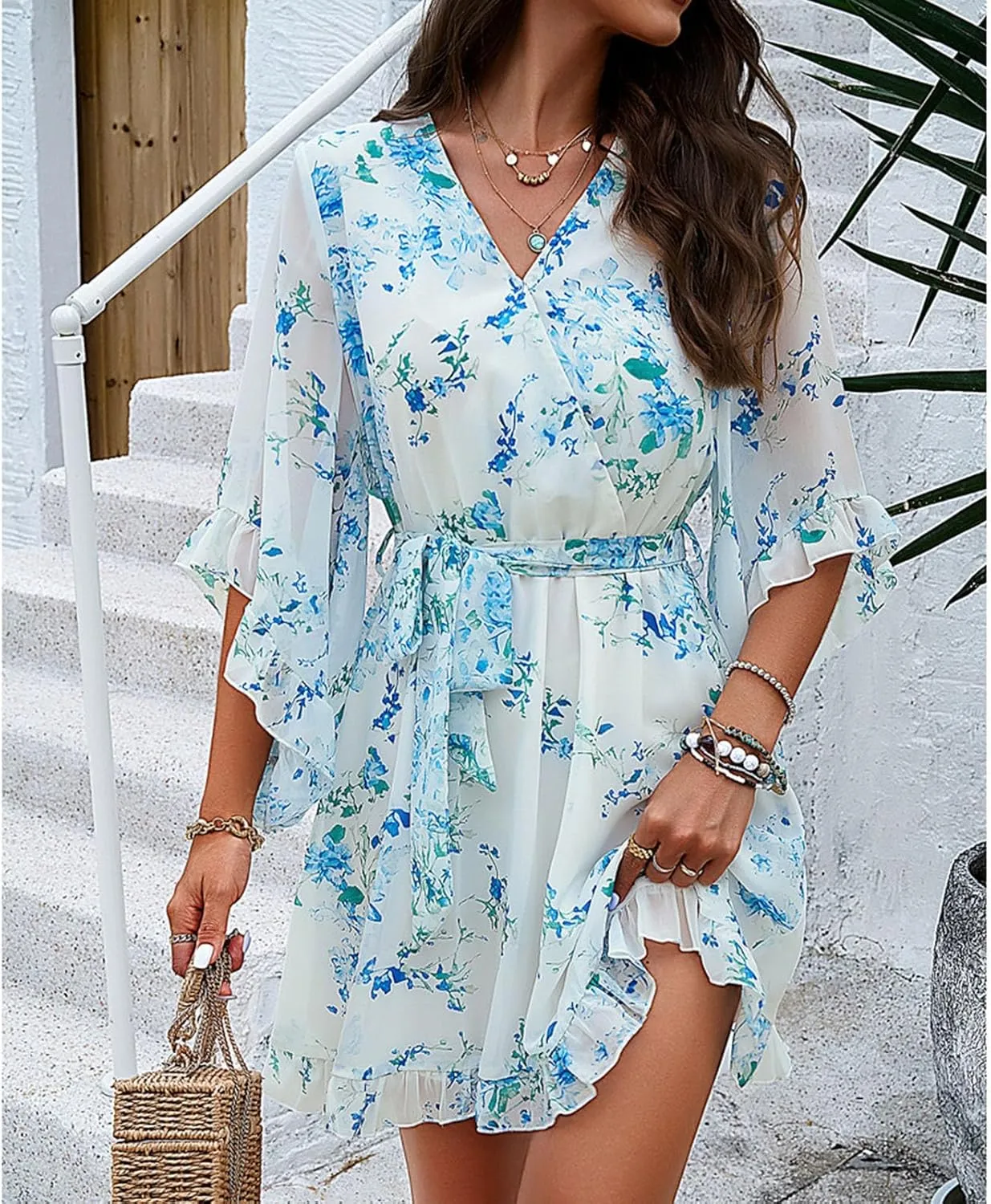 HOTYD Womens Flowy Floral Mini Dress Ruffle 3/4 Sleeve V Neck Tie Waist Chiffon A-line Dress Summer Sundress for Women