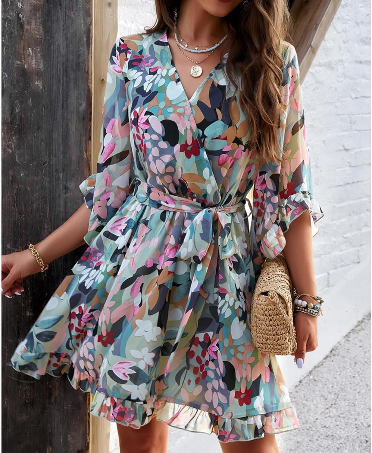 HOTYD Womens Flowy Floral Mini Dress Ruffle 3/4 Sleeve V Neck Tie Waist Chiffon A-line Dress Summer Sundress for Women