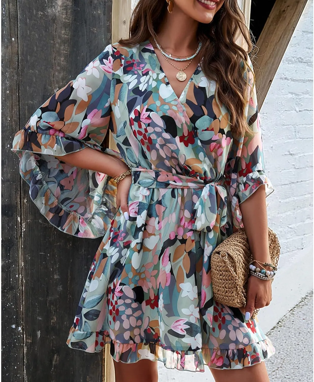 HOTYD Womens Flowy Floral Mini Dress Ruffle 3/4 Sleeve V Neck Tie Waist Chiffon A-line Dress Summer Sundress for Women