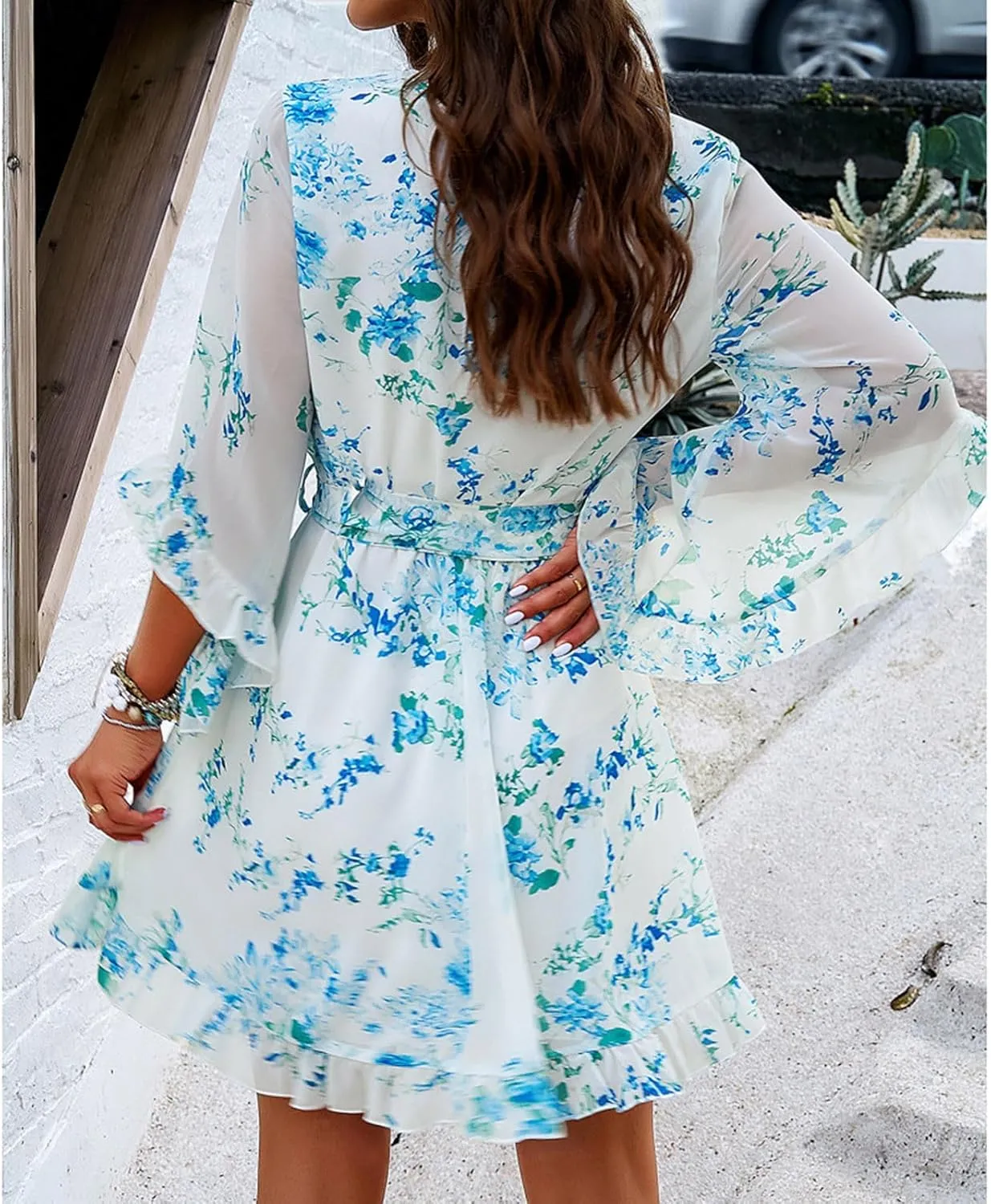 HOTYD Womens Flowy Floral Mini Dress Ruffle 3/4 Sleeve V Neck Tie Waist Chiffon A-line Dress Summer Sundress for Women