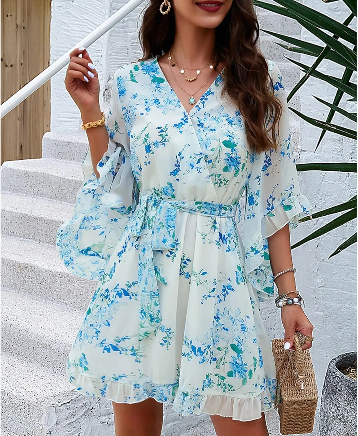 HOTYD Womens Flowy Floral Mini Dress Ruffle 3/4 Sleeve V Neck Tie Waist Chiffon A-line Dress Summer Sundress for Women