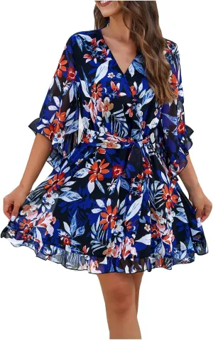 HOTYD Womens Flowy Floral Mini Dress Ruffle 3/4 Sleeve V Neck Tie Waist Chiffon A-line Dress Summer Sundress for Women