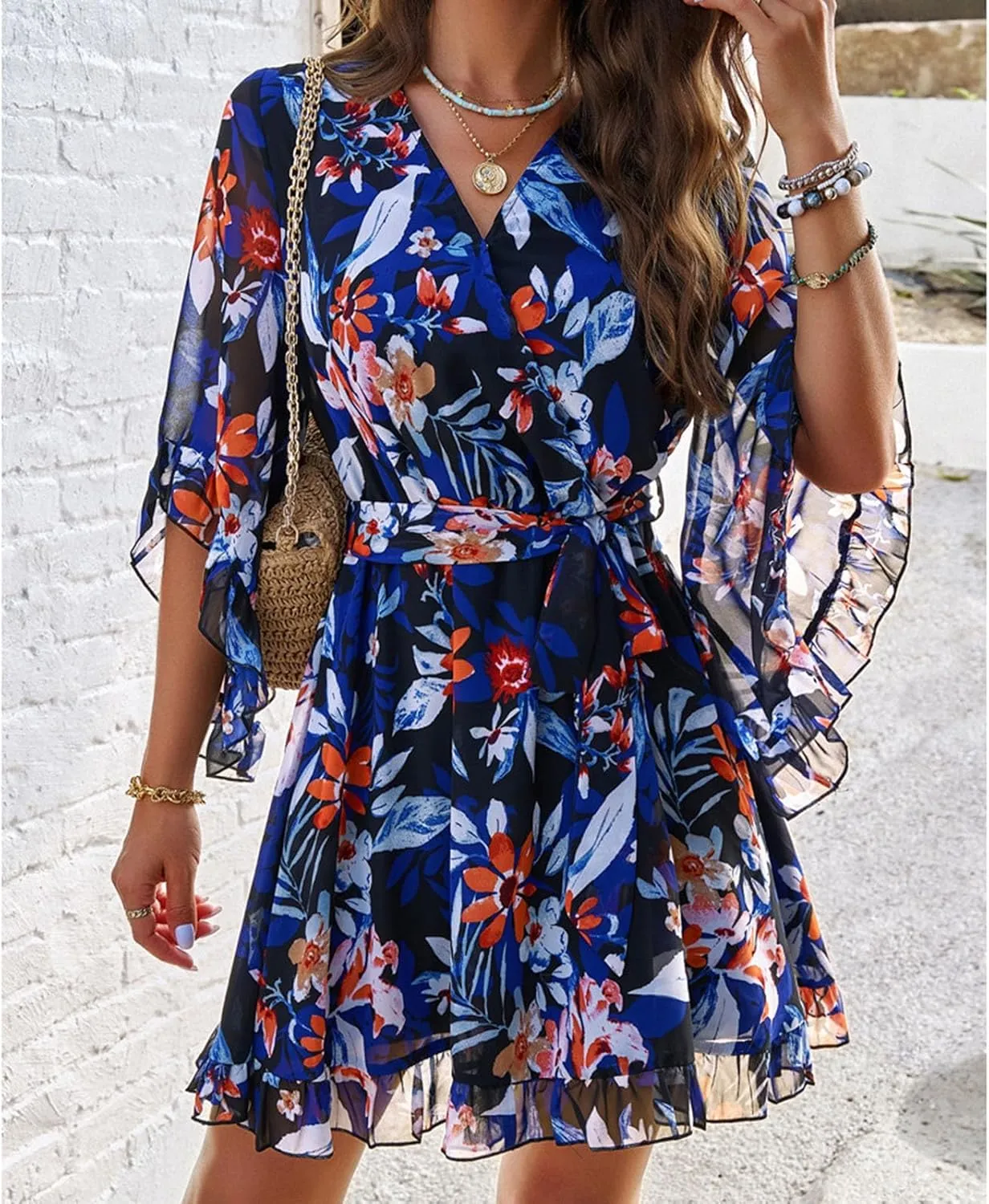HOTYD Womens Flowy Floral Mini Dress Ruffle 3/4 Sleeve V Neck Tie Waist Chiffon A-line Dress Summer Sundress for Women