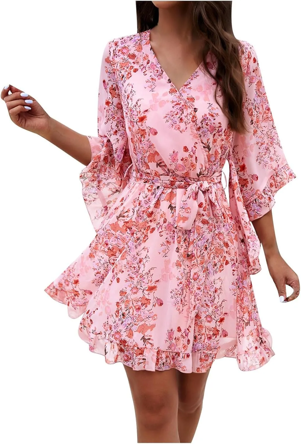 HOTYD Womens Flowy Floral Mini Dress Ruffle 3/4 Sleeve V Neck Tie Waist Chiffon A-line Dress Summer Sundress for Women
