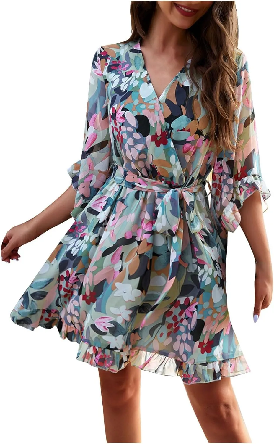 HOTYD Womens Flowy Floral Mini Dress Ruffle 3/4 Sleeve V Neck Tie Waist Chiffon A-line Dress Summer Sundress for Women