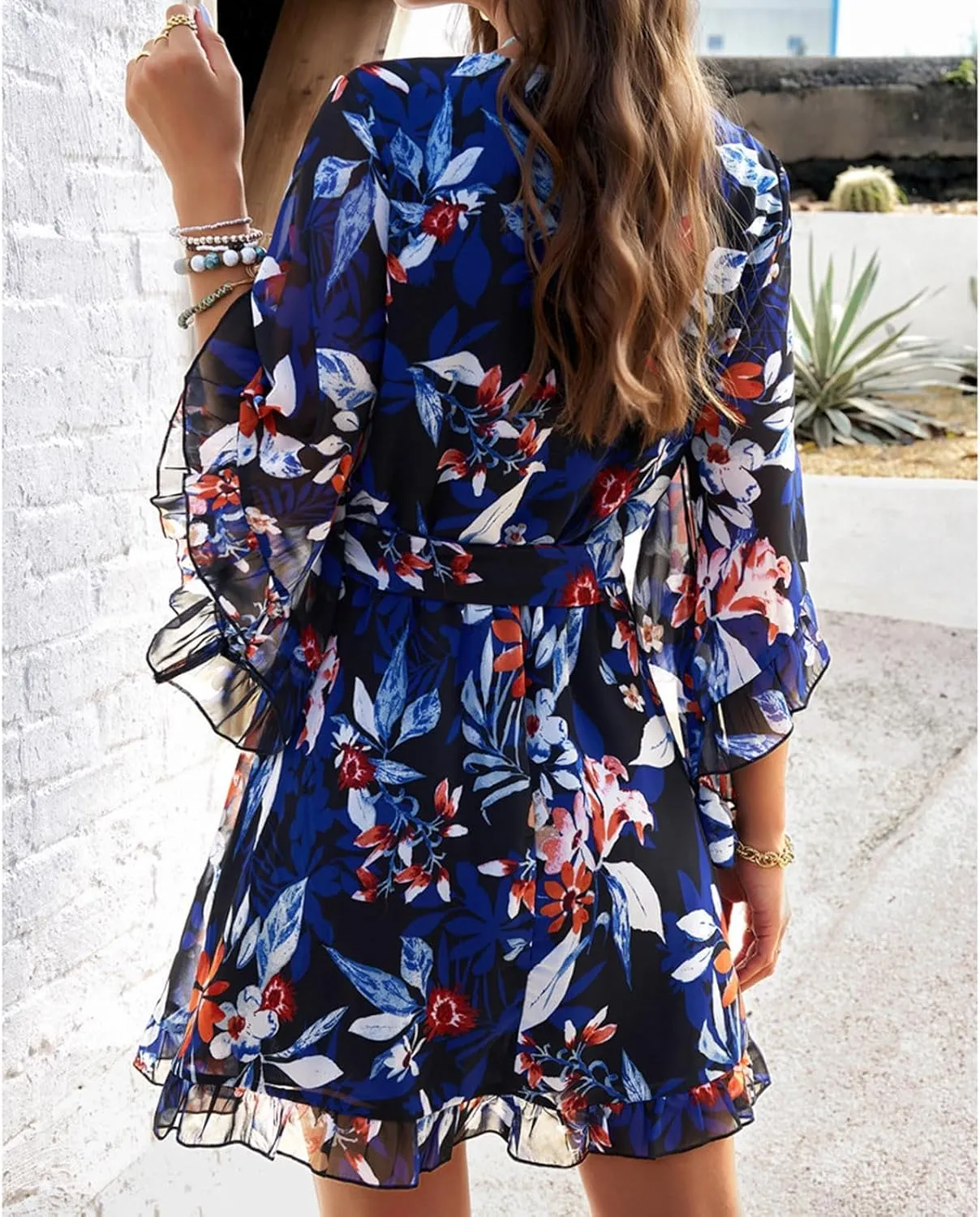HOTYD Womens Flowy Floral Mini Dress Ruffle 3/4 Sleeve V Neck Tie Waist Chiffon A-line Dress Summer Sundress for Women