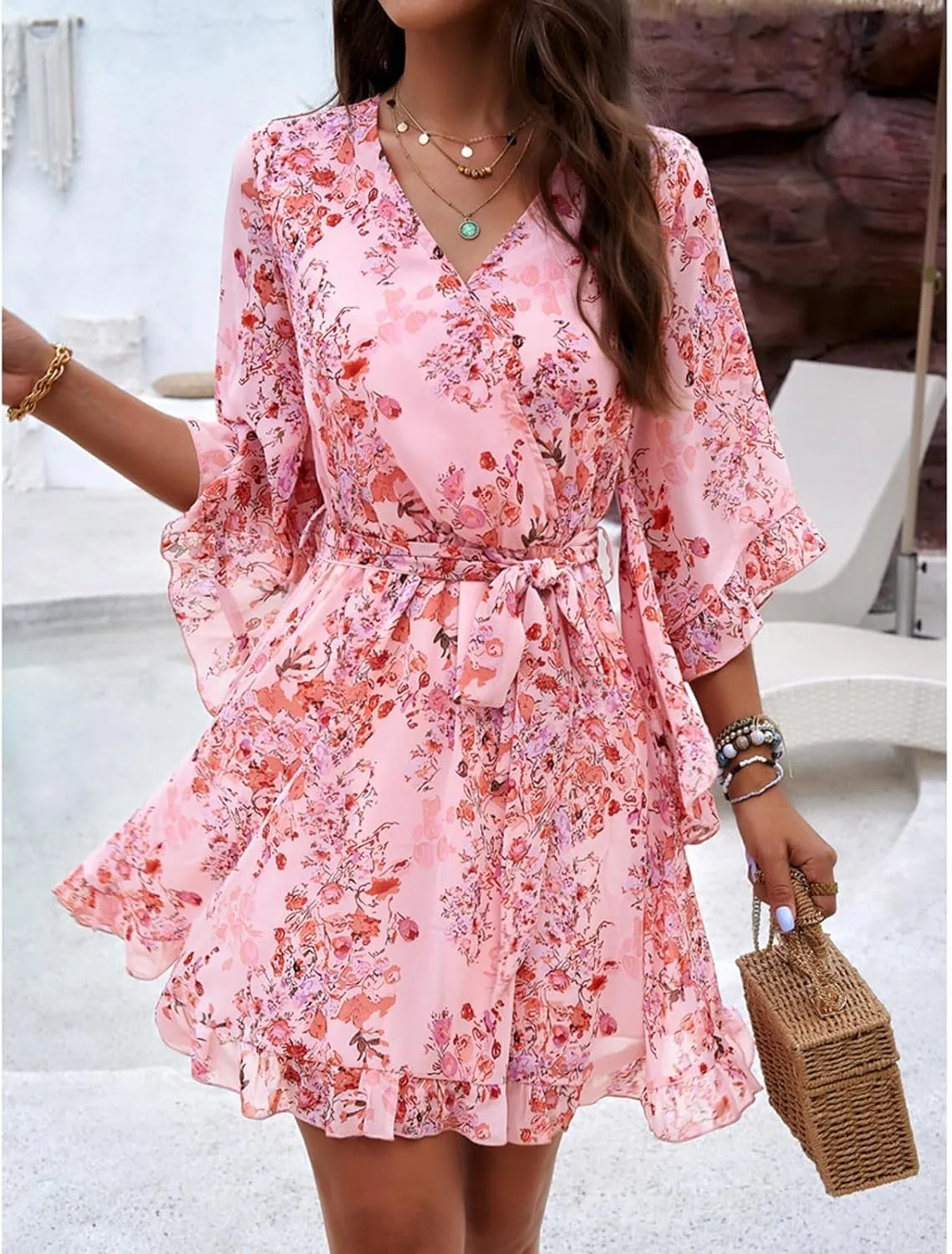 HOTYD Womens Flowy Floral Mini Dress Ruffle 3/4 Sleeve V Neck Tie Waist Chiffon A-line Dress Summer Sundress for Women