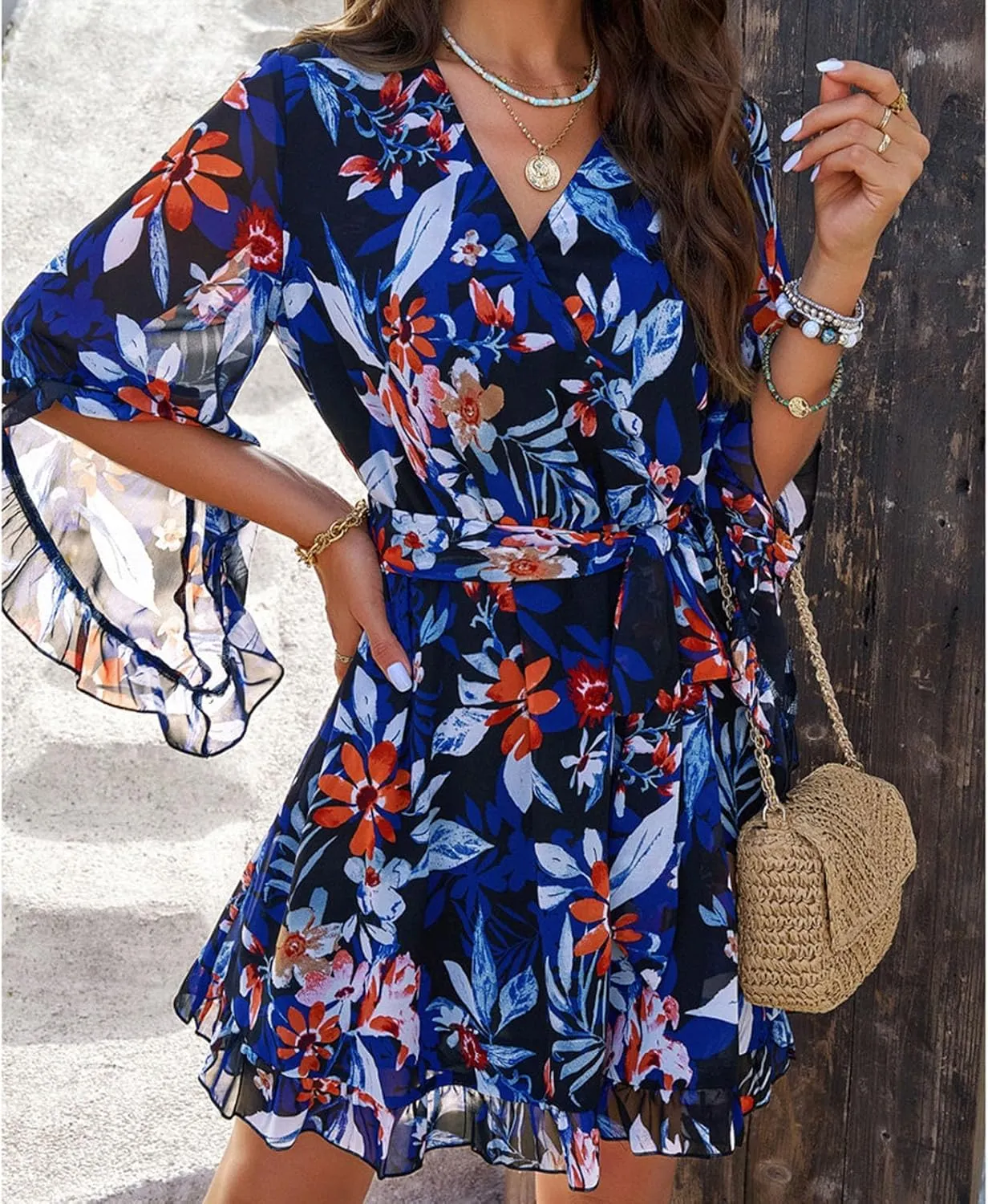 HOTYD Womens Flowy Floral Mini Dress Ruffle 3/4 Sleeve V Neck Tie Waist Chiffon A-line Dress Summer Sundress for Women