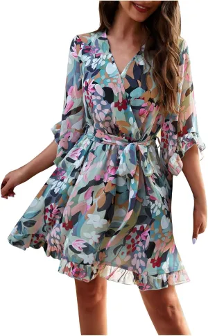 HOTYD Womens Flowy Floral Mini Dress Ruffle 3/4 Sleeve V Neck Tie Waist Chiffon A-line Dress Summer Sundress for Women