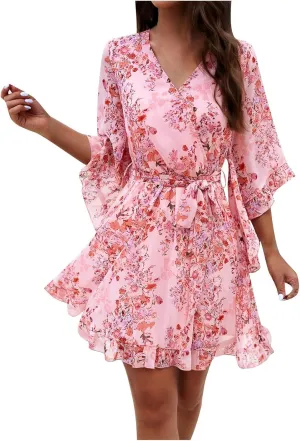 HOTYD Womens Flowy Floral Mini Dress Ruffle 3/4 Sleeve V Neck Tie Waist Chiffon A-line Dress Summer Sundress for Women