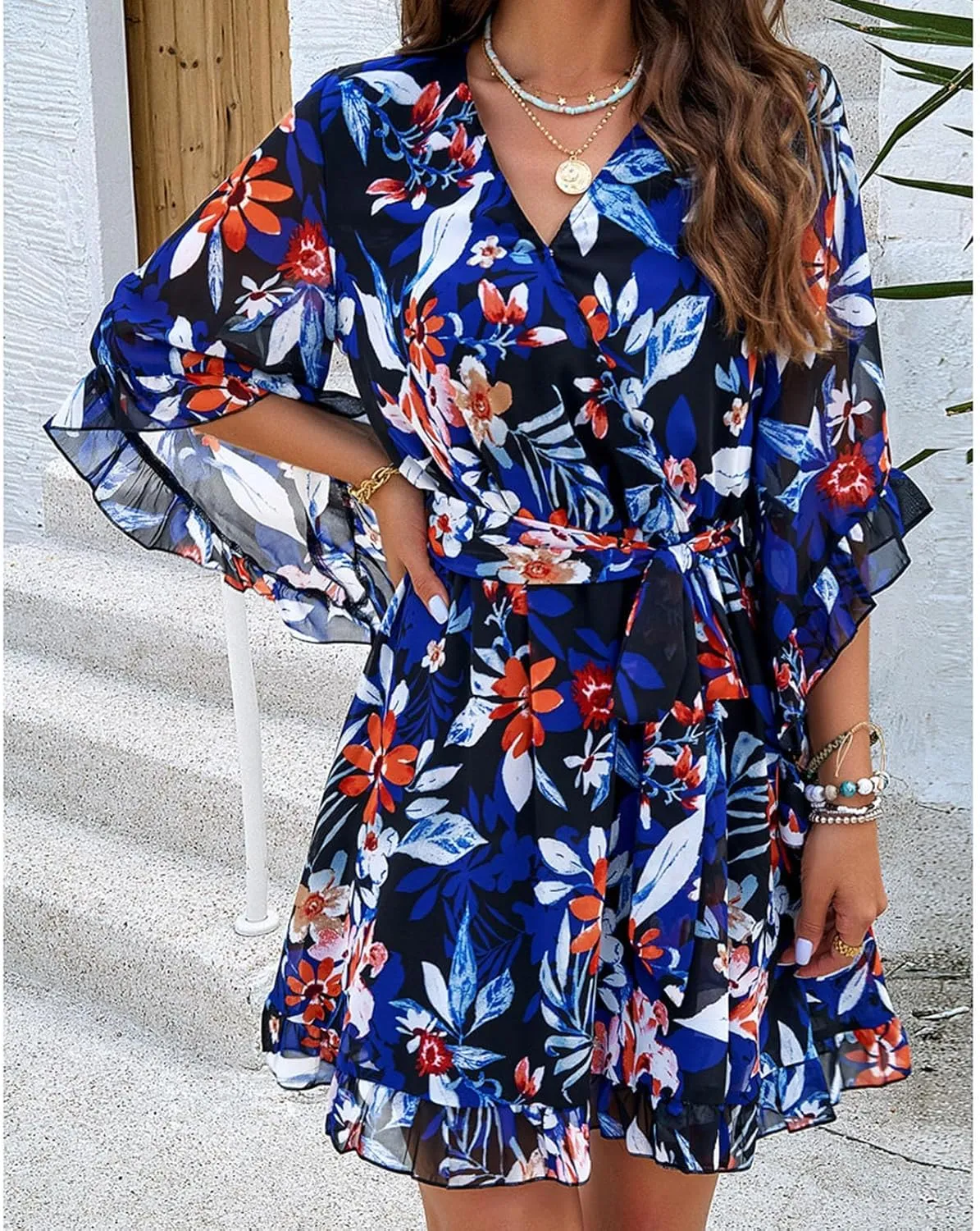 HOTYD Womens Flowy Floral Mini Dress Ruffle 3/4 Sleeve V Neck Tie Waist Chiffon A-line Dress Summer Sundress for Women