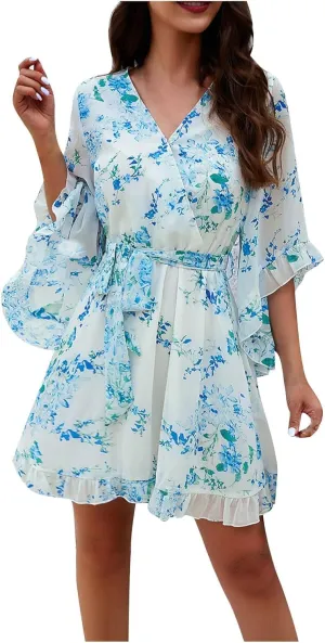 HOTYD Womens Flowy Floral Mini Dress Ruffle 3/4 Sleeve V Neck Tie Waist Chiffon A-line Dress Summer Sundress for Women