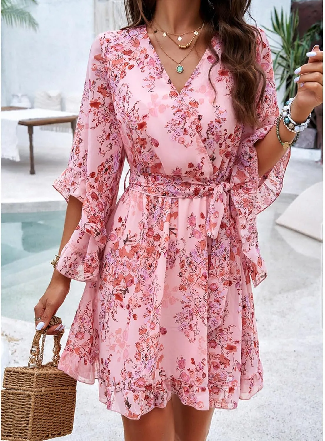 HOTYD Womens Flowy Floral Mini Dress Ruffle 3/4 Sleeve V Neck Tie Waist Chiffon A-line Dress Summer Sundress for Women