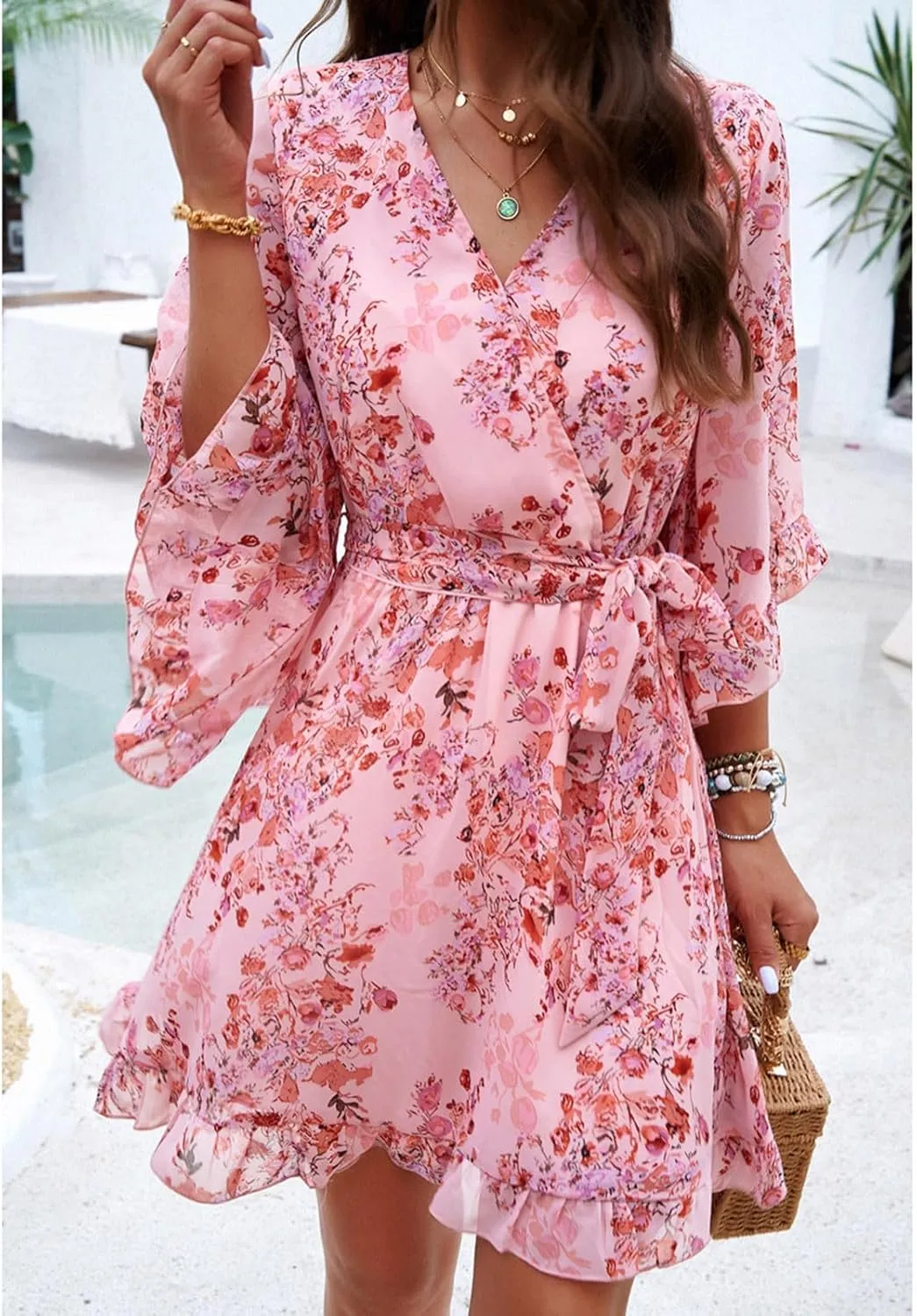 HOTYD Womens Flowy Floral Mini Dress Ruffle 3/4 Sleeve V Neck Tie Waist Chiffon A-line Dress Summer Sundress for Women