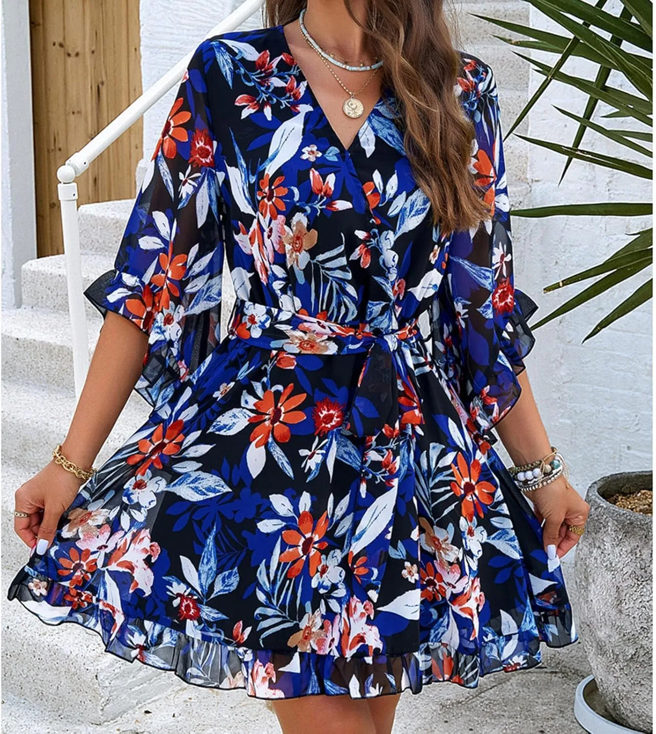 HOTYD Womens Flowy Floral Mini Dress Ruffle 3/4 Sleeve V Neck Tie Waist Chiffon A-line Dress Summer Sundress for Women