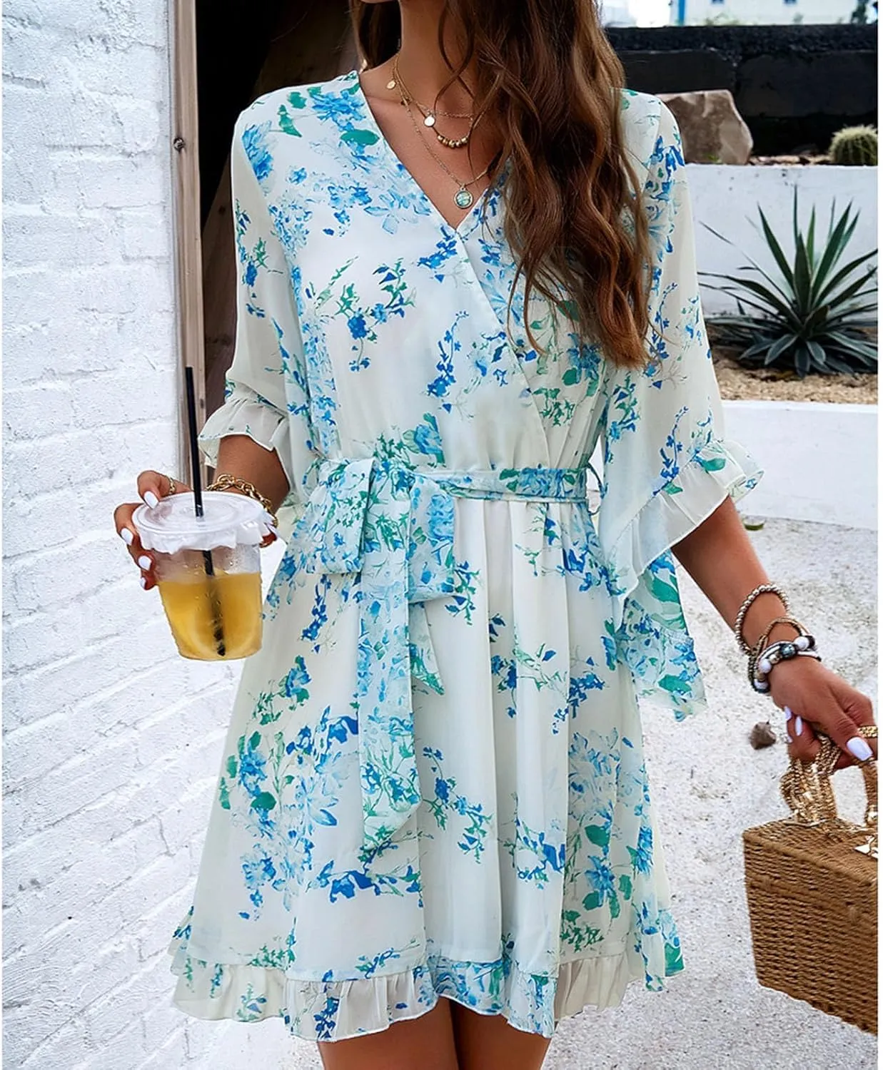 HOTYD Womens Flowy Floral Mini Dress Ruffle 3/4 Sleeve V Neck Tie Waist Chiffon A-line Dress Summer Sundress for Women
