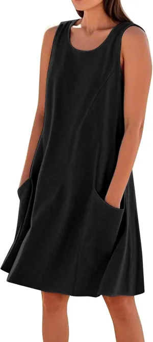 HTHLVMD Women's Summer Cotton Linen Midi Dress Sleeveless Elegant Flowy Dresses Plus Size Loose Comfy Dress with Pockets