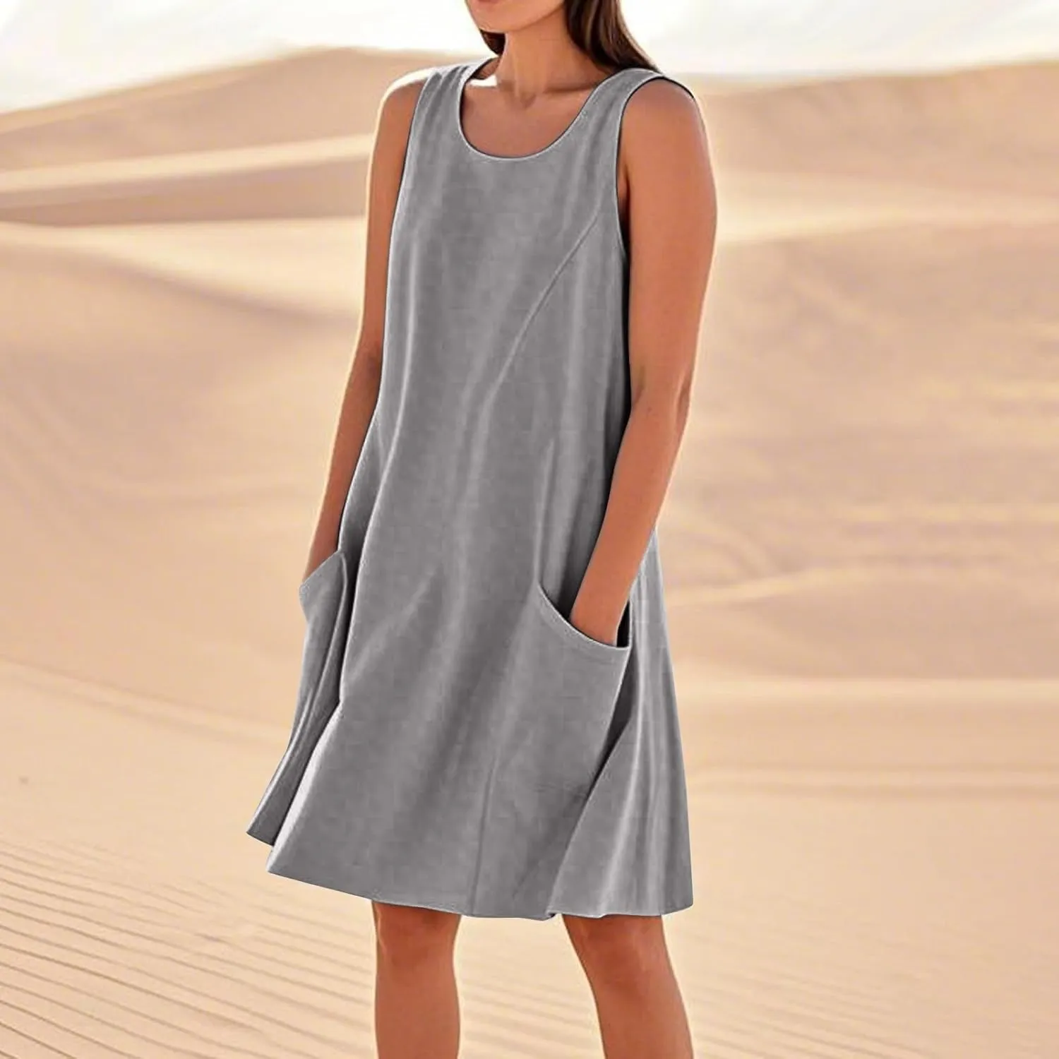 HTHLVMD Women's Summer Cotton Linen Midi Dress Sleeveless Elegant Flowy Dresses Plus Size Loose Comfy Dress with Pockets