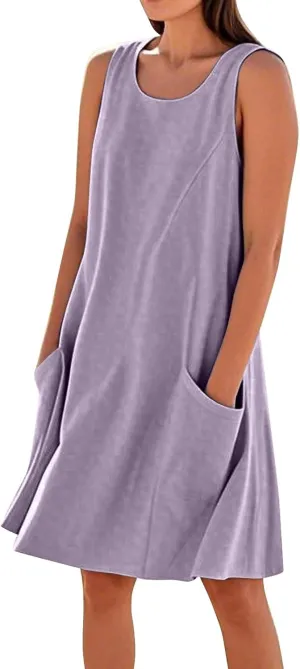 HTHLVMD Women's Summer Cotton Linen Midi Dress Sleeveless Elegant Flowy Dresses Plus Size Loose Comfy Dress with Pockets