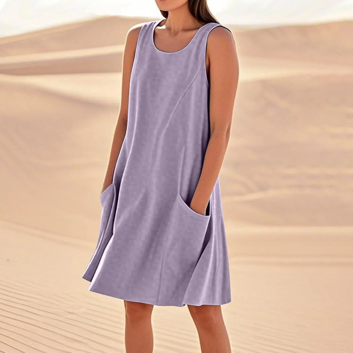 HTHLVMD Women's Summer Cotton Linen Midi Dress Sleeveless Elegant Flowy Dresses Plus Size Loose Comfy Dress with Pockets