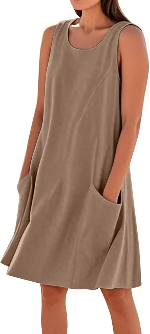 HTHLVMD Women's Summer Cotton Linen Midi Dress Sleeveless Elegant Flowy Dresses Plus Size Loose Comfy Dress with Pockets