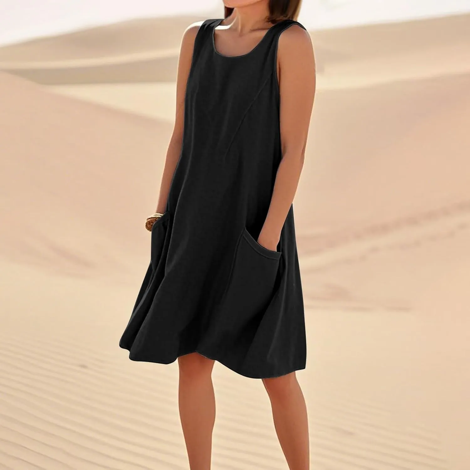 HTHLVMD Women's Summer Cotton Linen Midi Dress Sleeveless Elegant Flowy Dresses Plus Size Loose Comfy Dress with Pockets