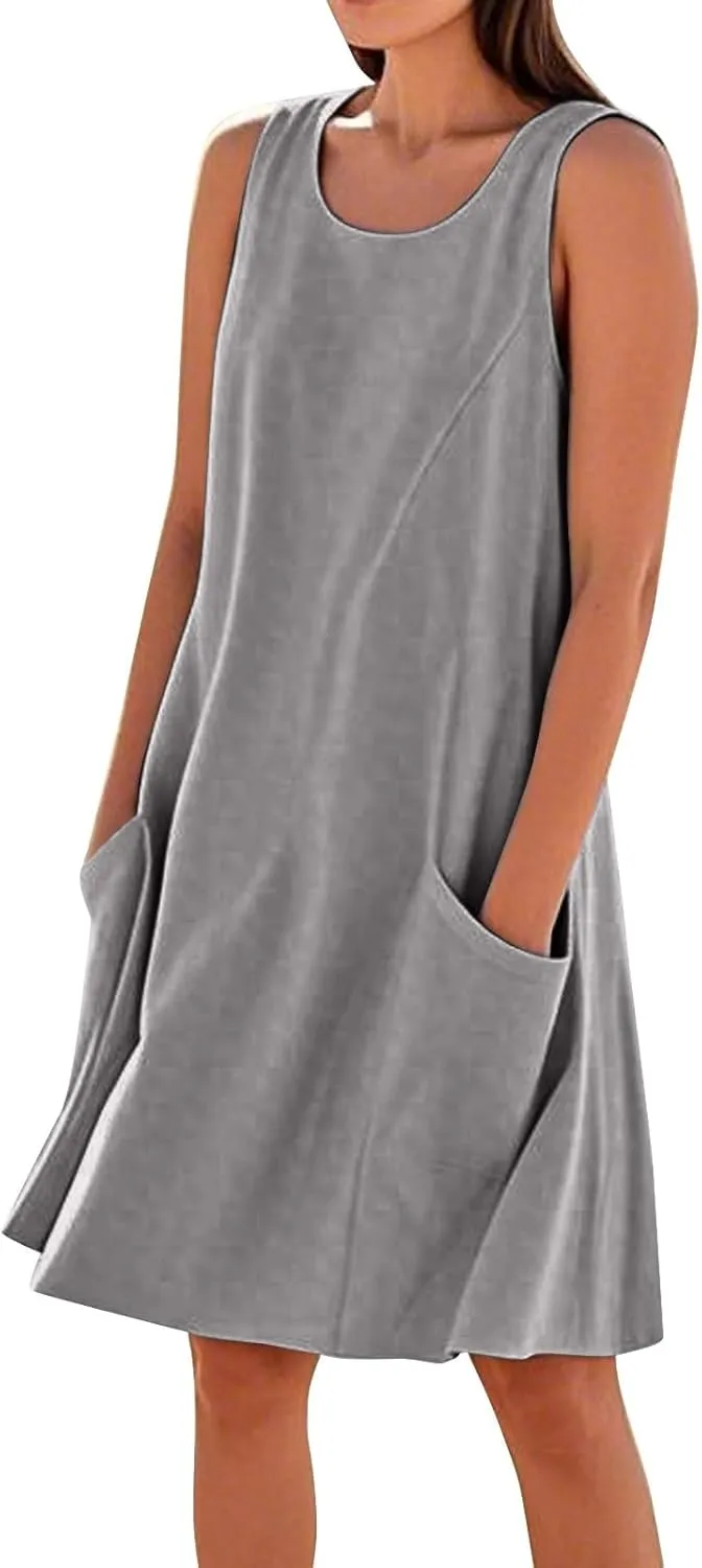 HTHLVMD Women's Summer Cotton Linen Midi Dress Sleeveless Elegant Flowy Dresses Plus Size Loose Comfy Dress with Pockets