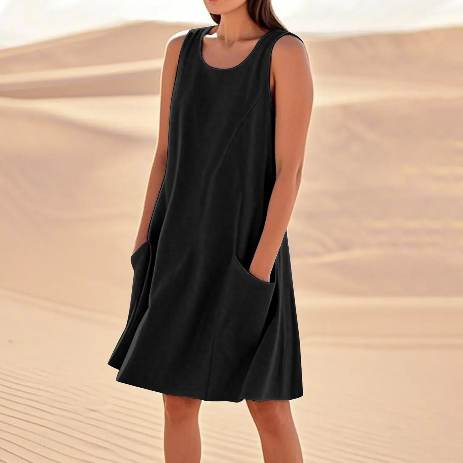 HTHLVMD Women's Summer Cotton Linen Midi Dress Sleeveless Elegant Flowy Dresses Plus Size Loose Comfy Dress with Pockets