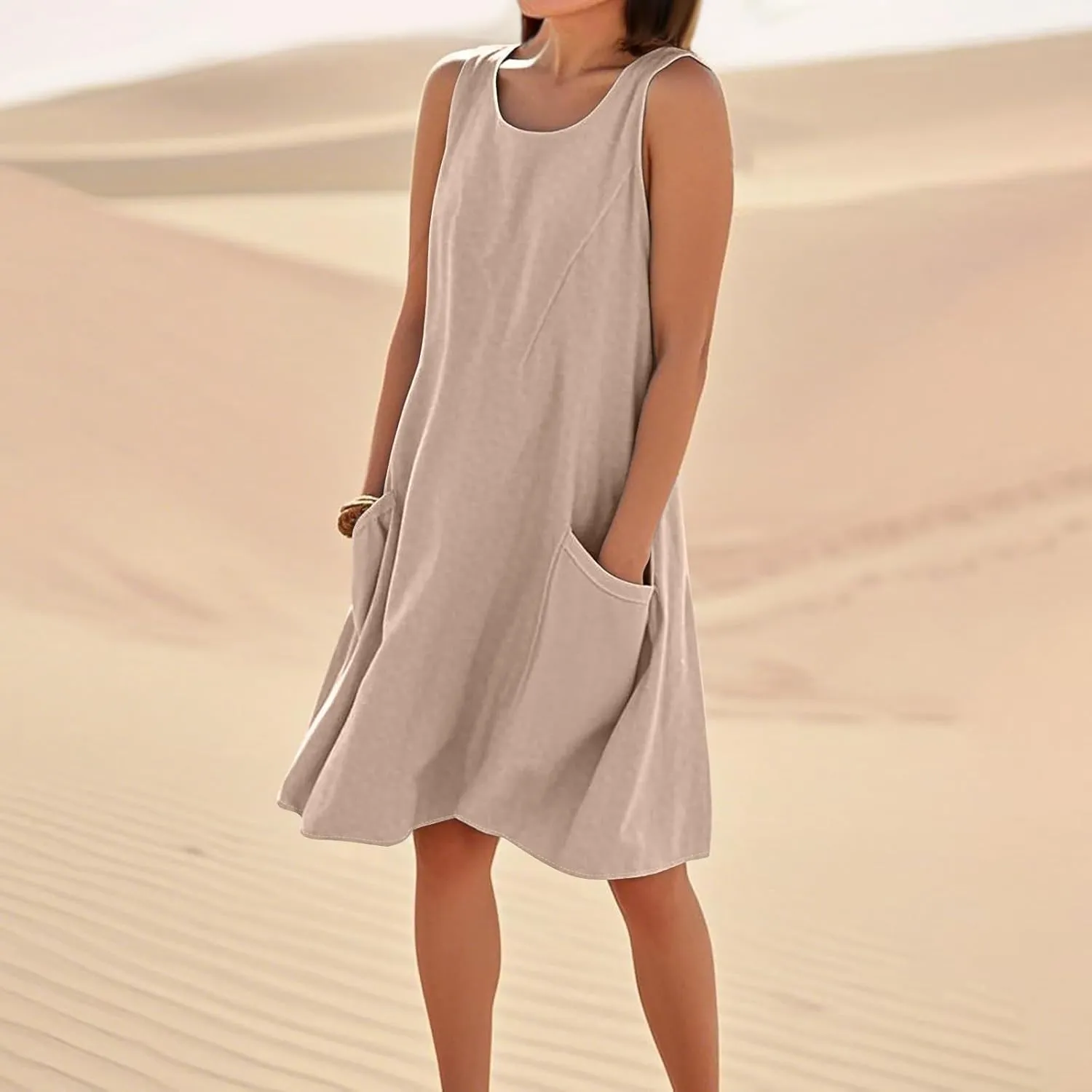 HTHLVMD Women's Summer Cotton Linen Midi Dress Sleeveless Elegant Flowy Dresses Plus Size Loose Comfy Dress with Pockets