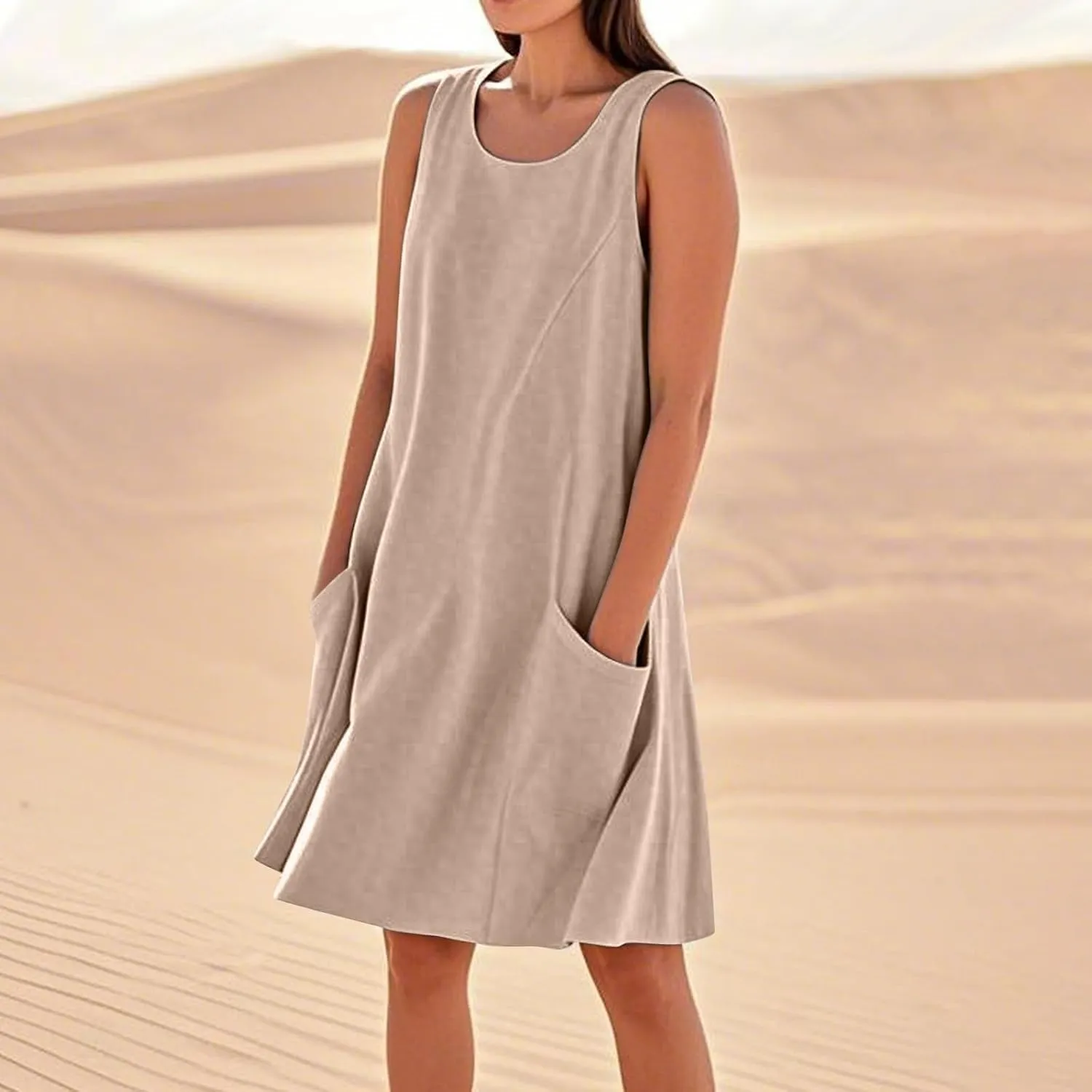 HTHLVMD Women's Summer Cotton Linen Midi Dress Sleeveless Elegant Flowy Dresses Plus Size Loose Comfy Dress with Pockets